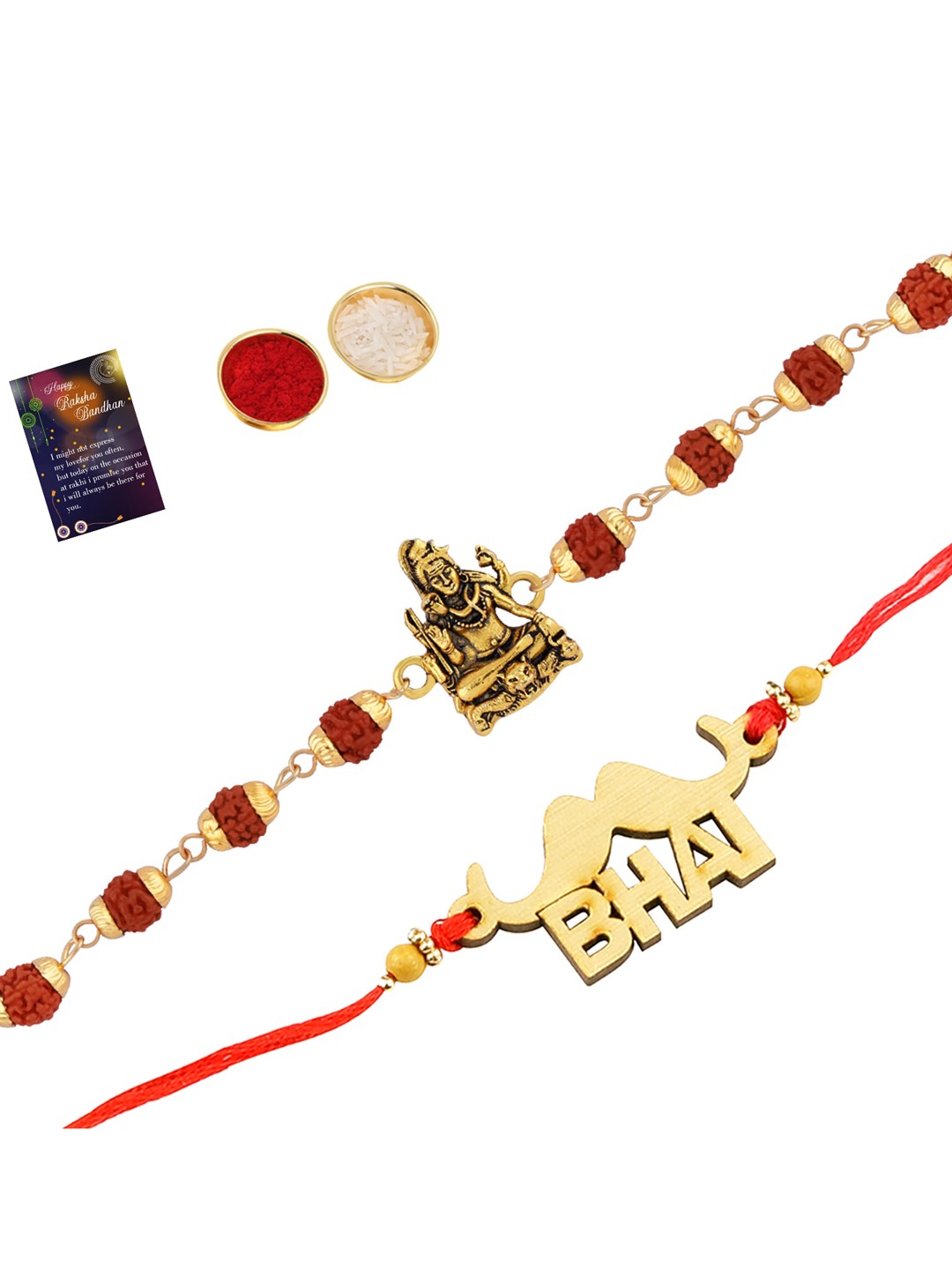 

Silver Shine Set Of 2 Rakhi with Roli Chawal Greeting Card, Red