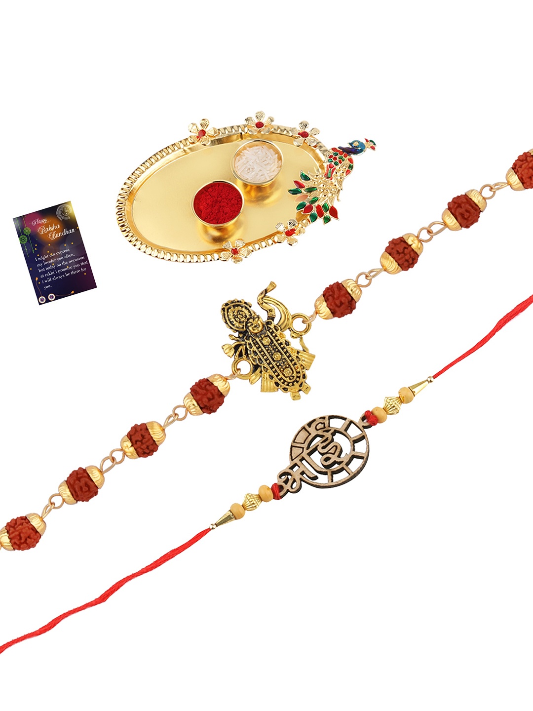

Silver Shine Men Set Of 2 Rakhi With Pooja Thali Roli Chawal & Greeting Card, Gold