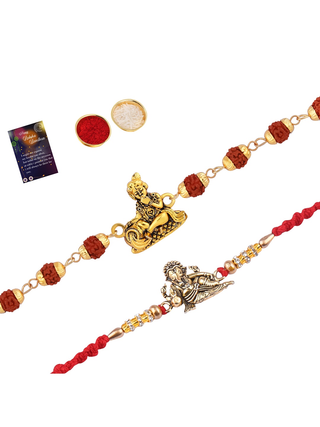 

Silver Shine Men Set Of 2 Rakhi With Roli Chawal & Greeting Card, Red