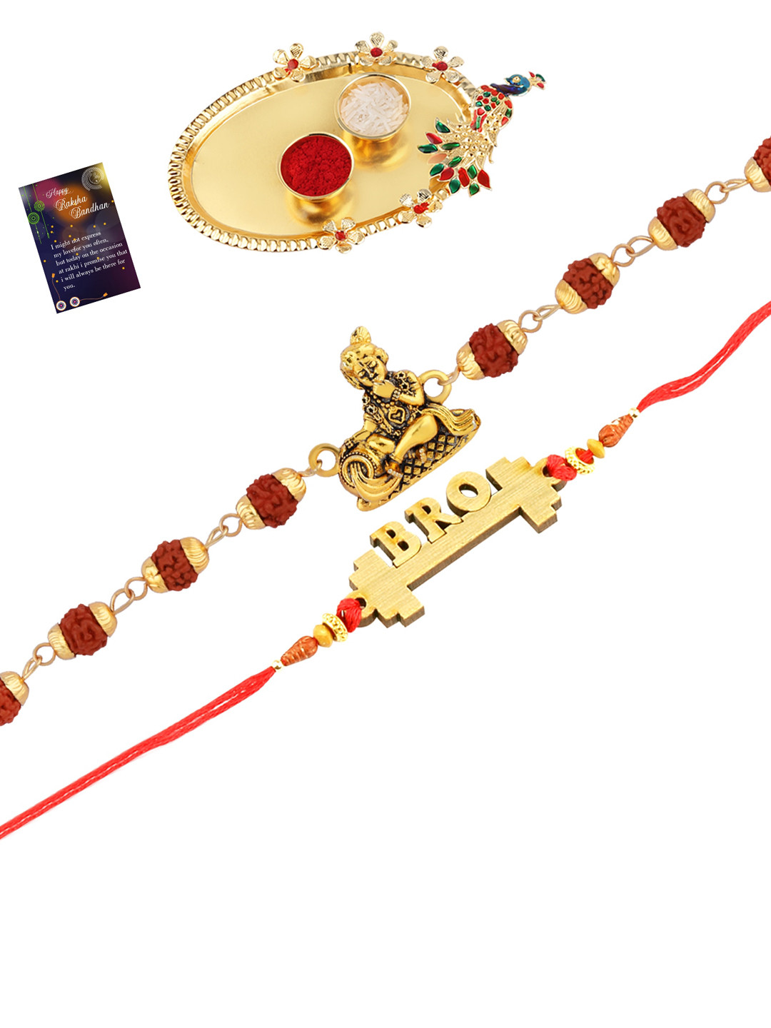 

Silver Shine Set of 2 Rakhis with Roli Chawal Pooja Thali & Greeting Card, Gold