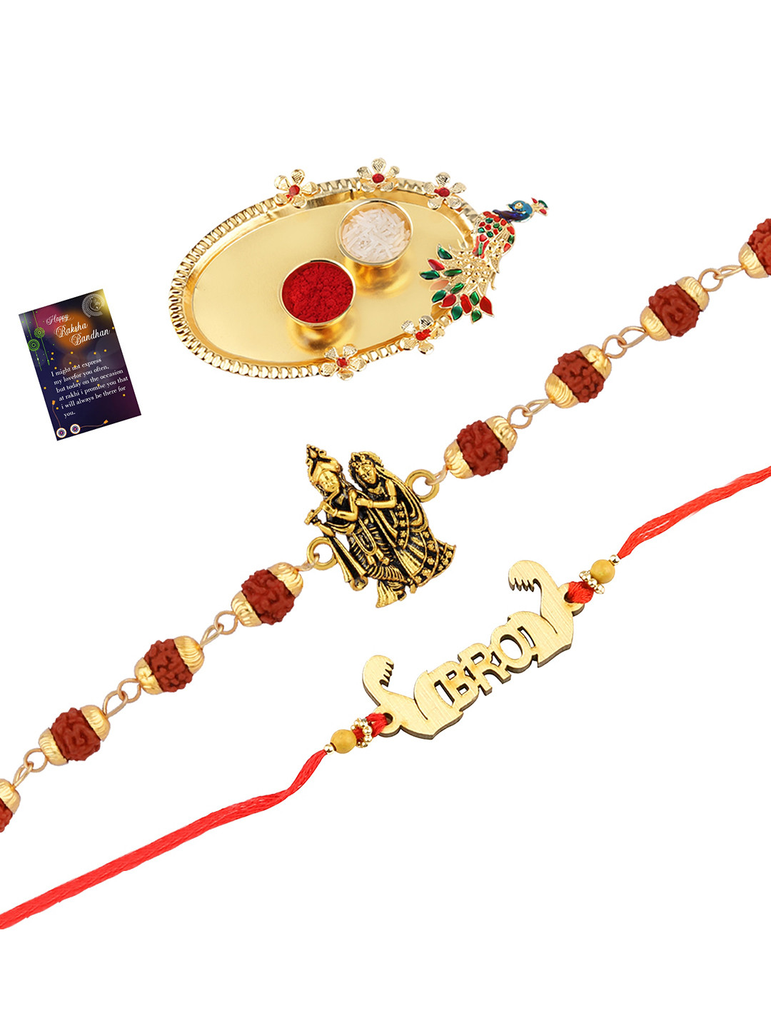 

Silver Shine Set Of 2 Rakhis With Pooja Thali Roli Chawal & Greeting Card, Red
