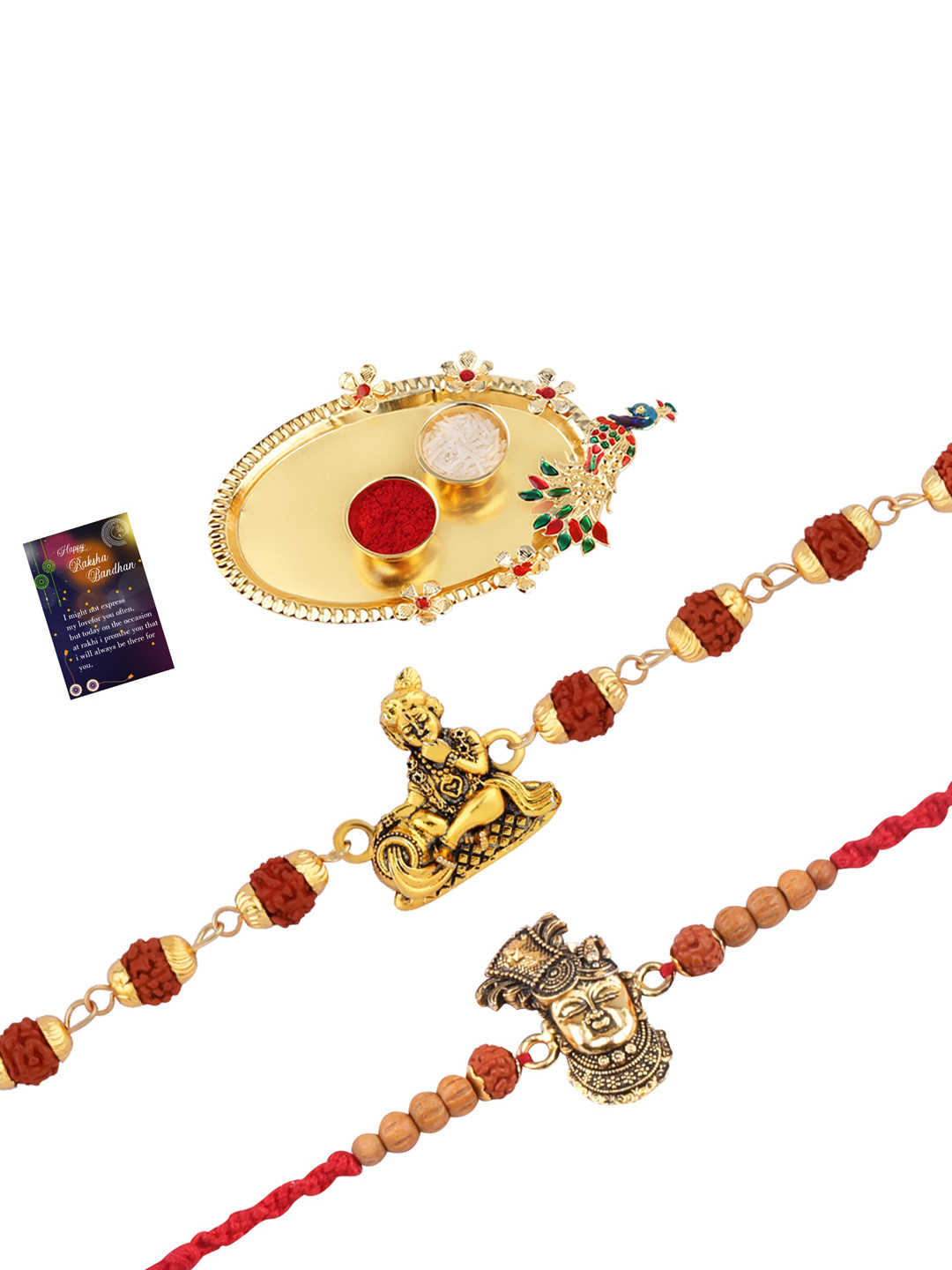

Silver Shine 2 Rakhi With Pooja Thali Roli Chawal And Greeting Card, Multi