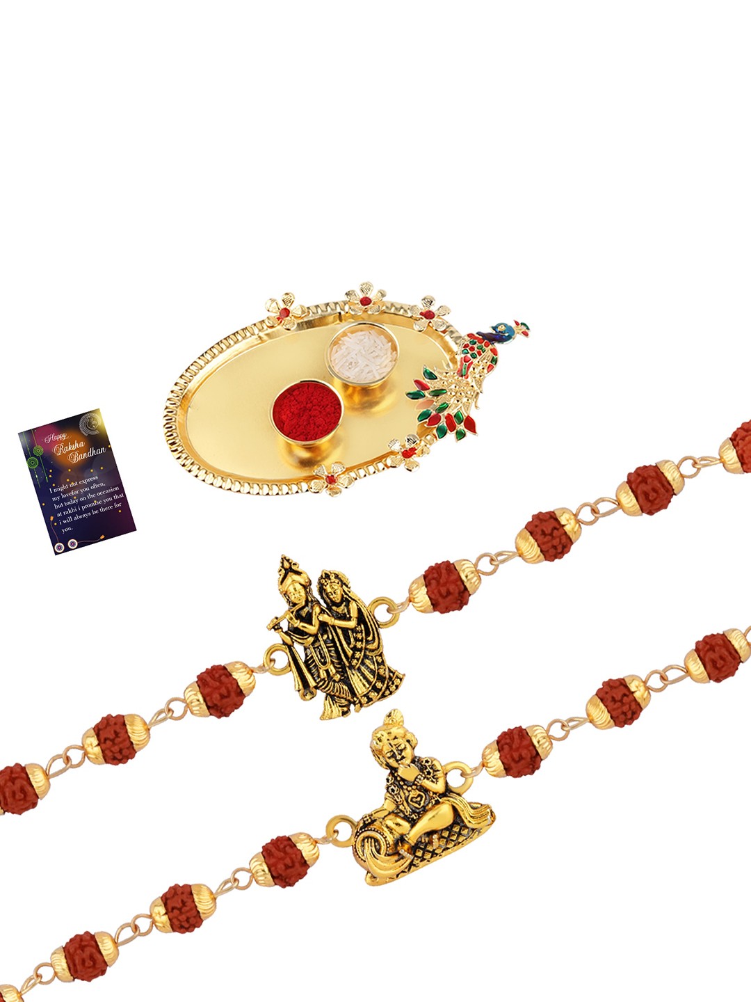 

Silver Shine Red 2 Rakhi With Pooja Thali Roli Chawal & Greeting Card