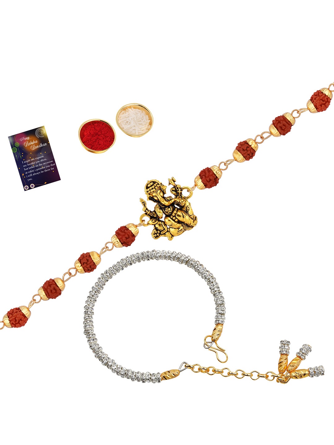 

Silver Shine Unisex Set of 2 Rakhi With Greeting Card and Roli Chawal, Red