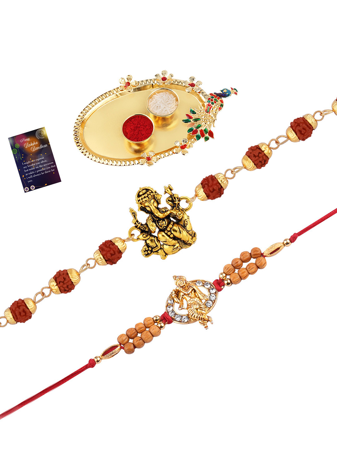 

Silver Shine Unisex Pack of 2 Rakhi with Greeting Card and Roli Chawal, Red