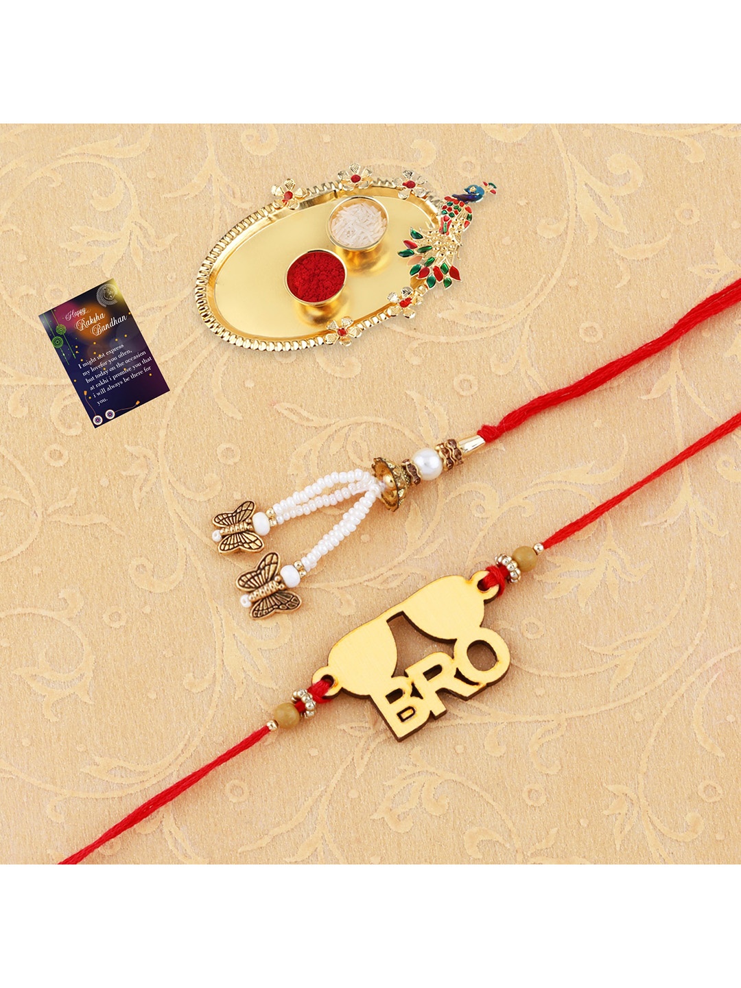 

Silver Shine Unisex Set of 2 Rakhi With Roli Chawal And Greeting Card, Gold