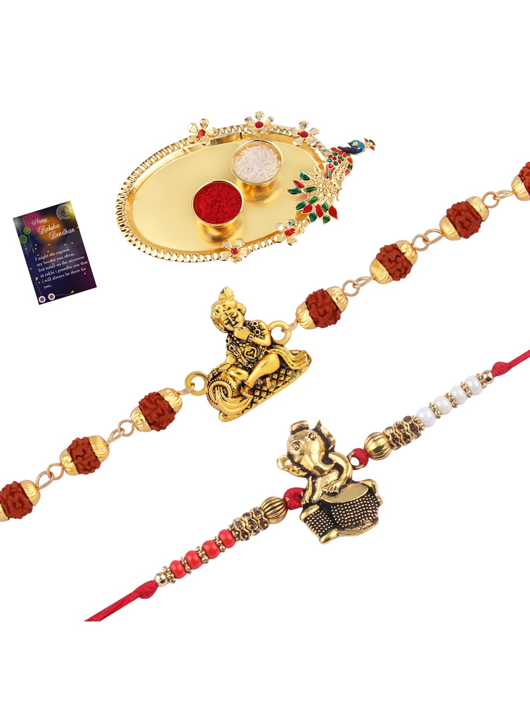 

Silver Shine Unisex Set Of 2 Rakhi With Roli Chawal And Greeting Card, Red