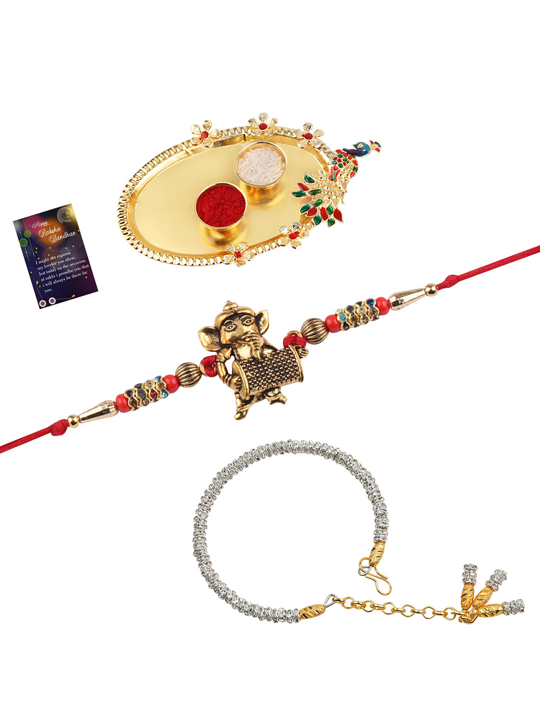 

Silver Shine 1 Rakhi 1 Bhabhi Rakhi With Pooja Thali Roli Chawal Greeting Card, Multi