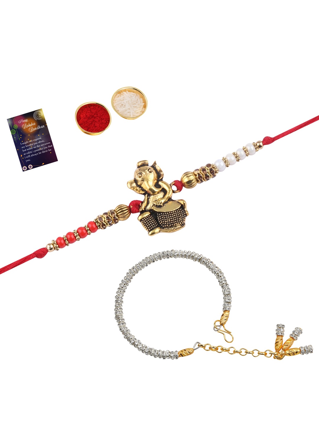 

Silver Shine Red Set Of 2 Rakhi Combo With Roli Chawal & Greeting Card