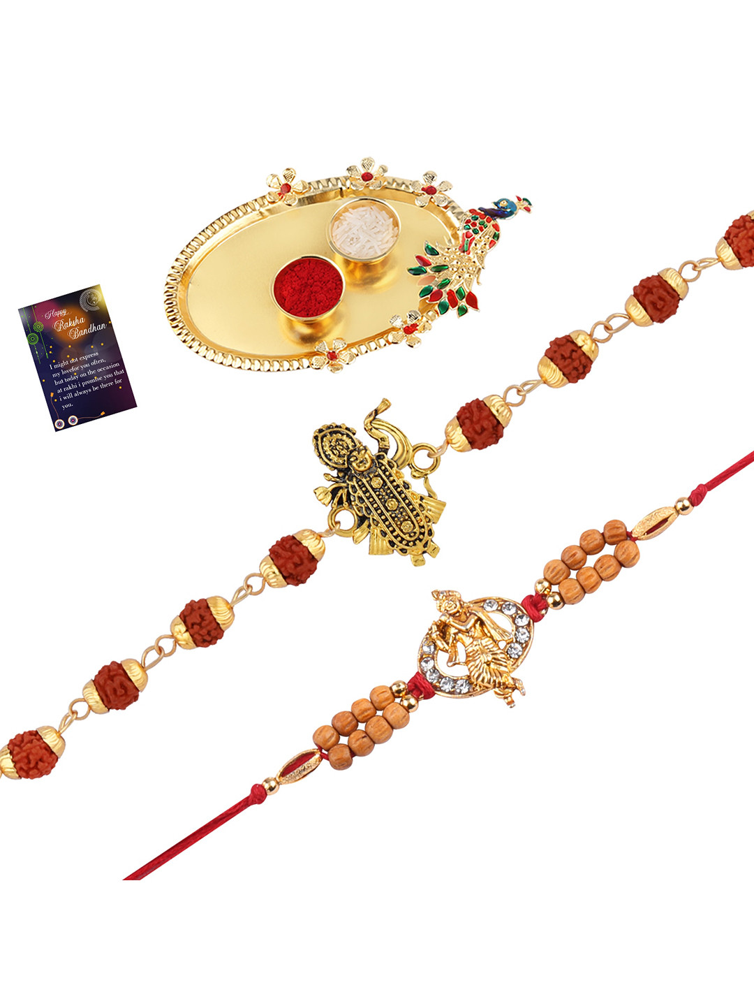 

Silver Shine Se Of 2 Rakhis with Pooja Thali Roli Chawal and Greeting Card, Red