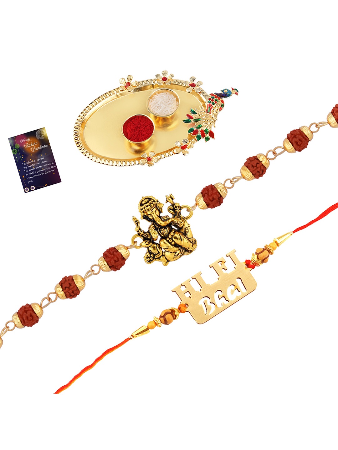 

Silver Shine Set Of 2 Rakhis With Roli Chawal Thali & Card, Gold