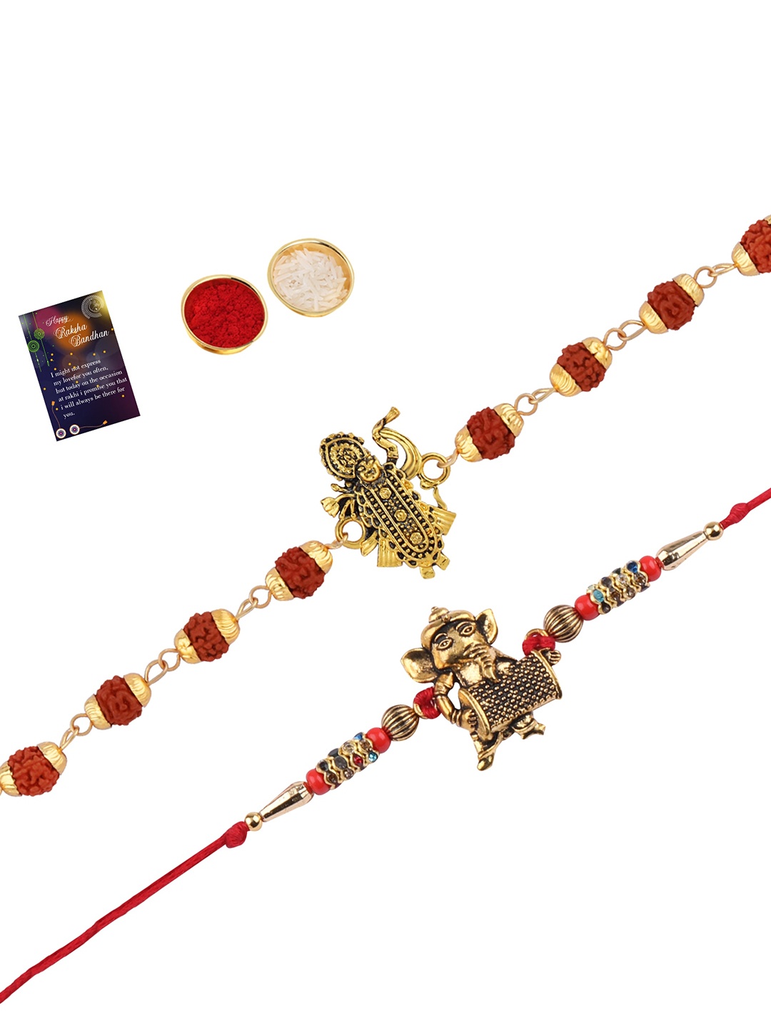 

Silver Shine Set Of 2 Rakhis With Roli Chawal And greeting Card, Red