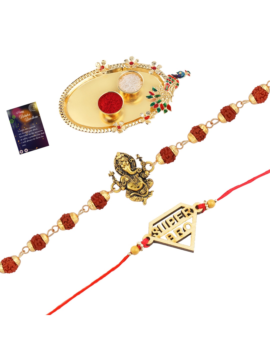 

Silver Shine 2 Rakhi with Pooja Thali Roli Chawal and Greeting Card, Gold