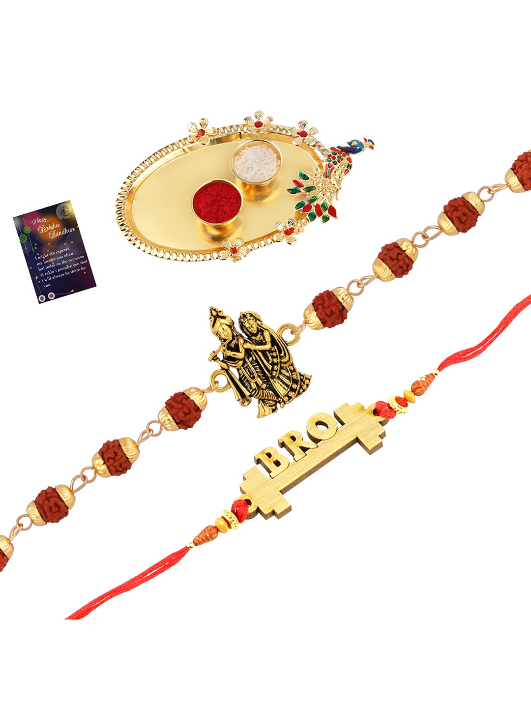 

Silver Shine 2 Rakhi With Pooja Thali Roli Chawal And Greeting Card, Red