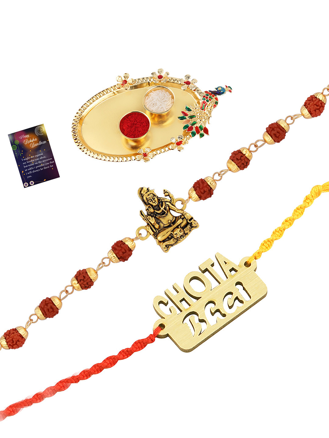 

Silver Shine Men Set of 2 Rakhi With Pooja Thali Roli Chawal & Greeting Card, Red