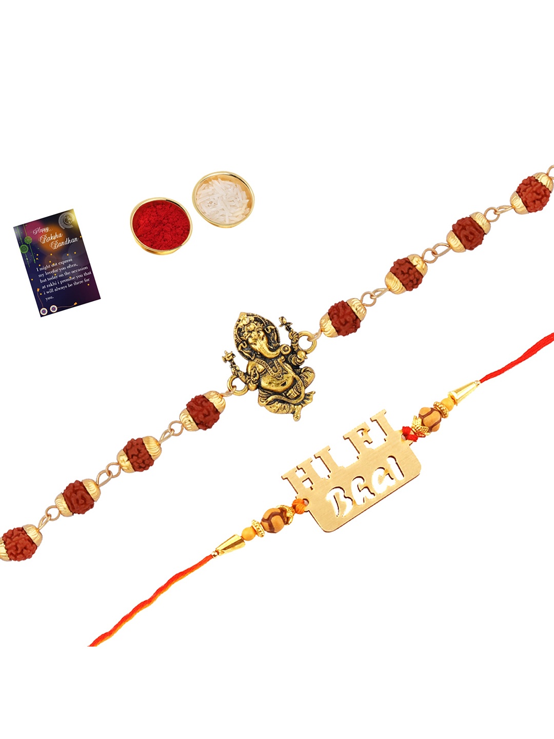 

Silver Shine Men Set Of 2 Rakhi With Roli Chawal & Greeting Card, Gold