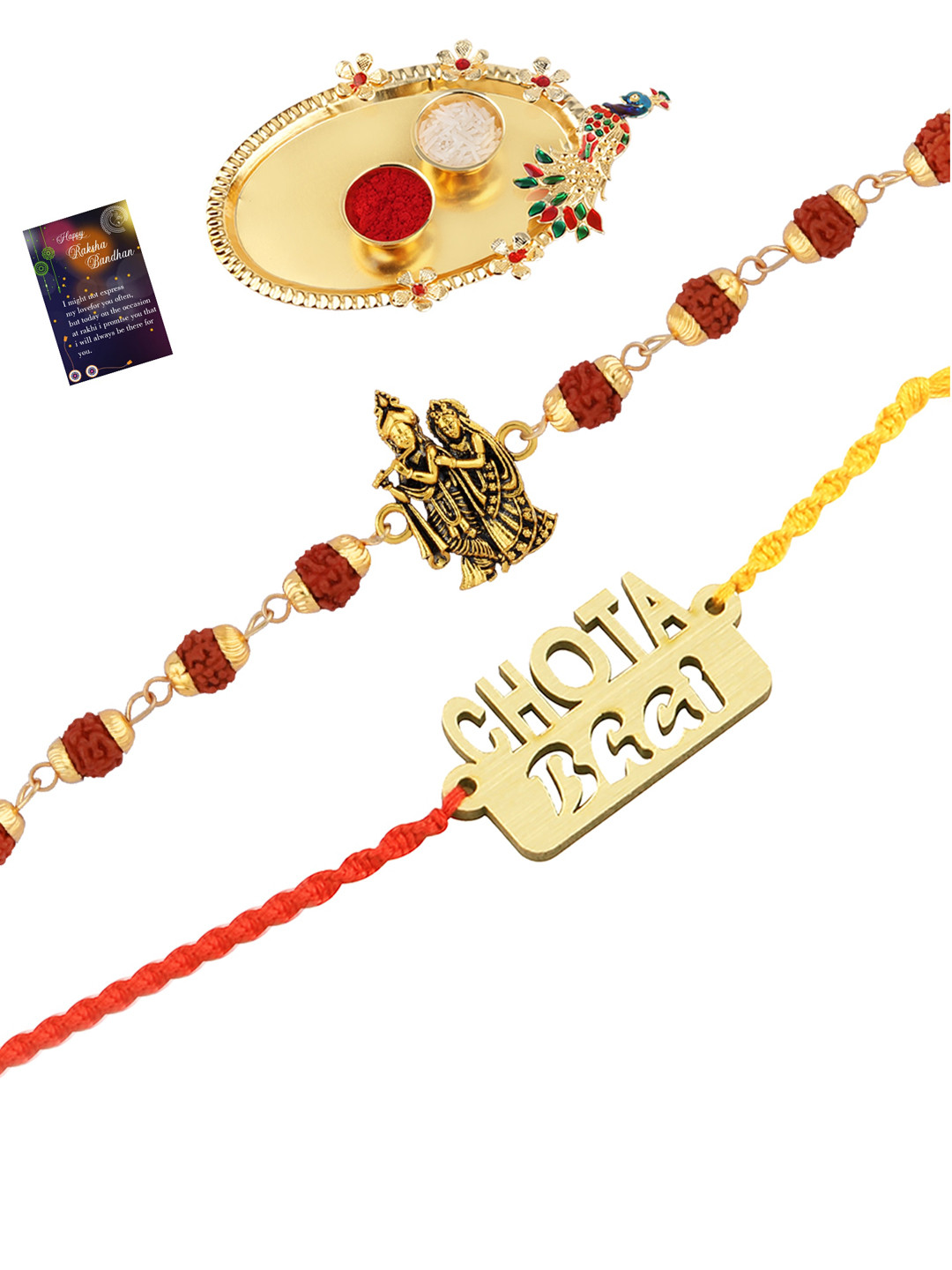 

Silver Shine Set Of 2 Red & Gold-Toned Stone-Studded Rakhi Gift Set