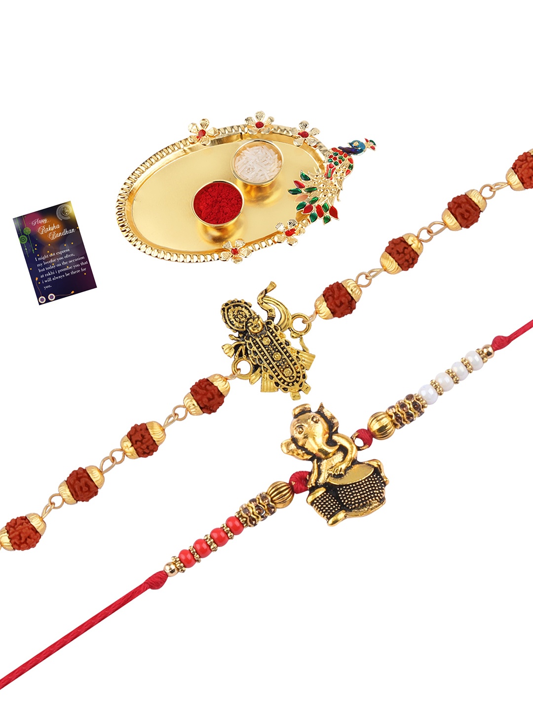 

Silver Shine Red & Gold-Toned 2 Rakhi With Pooja Thali Roli Chawal & Greeting Card