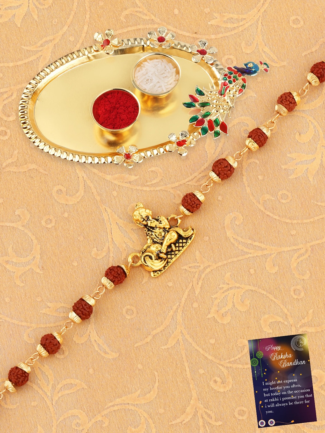 

Silver Shine Men Set Of 2 Rakhi With Pooja Thali Roli Chawal & Greeting Card, Red