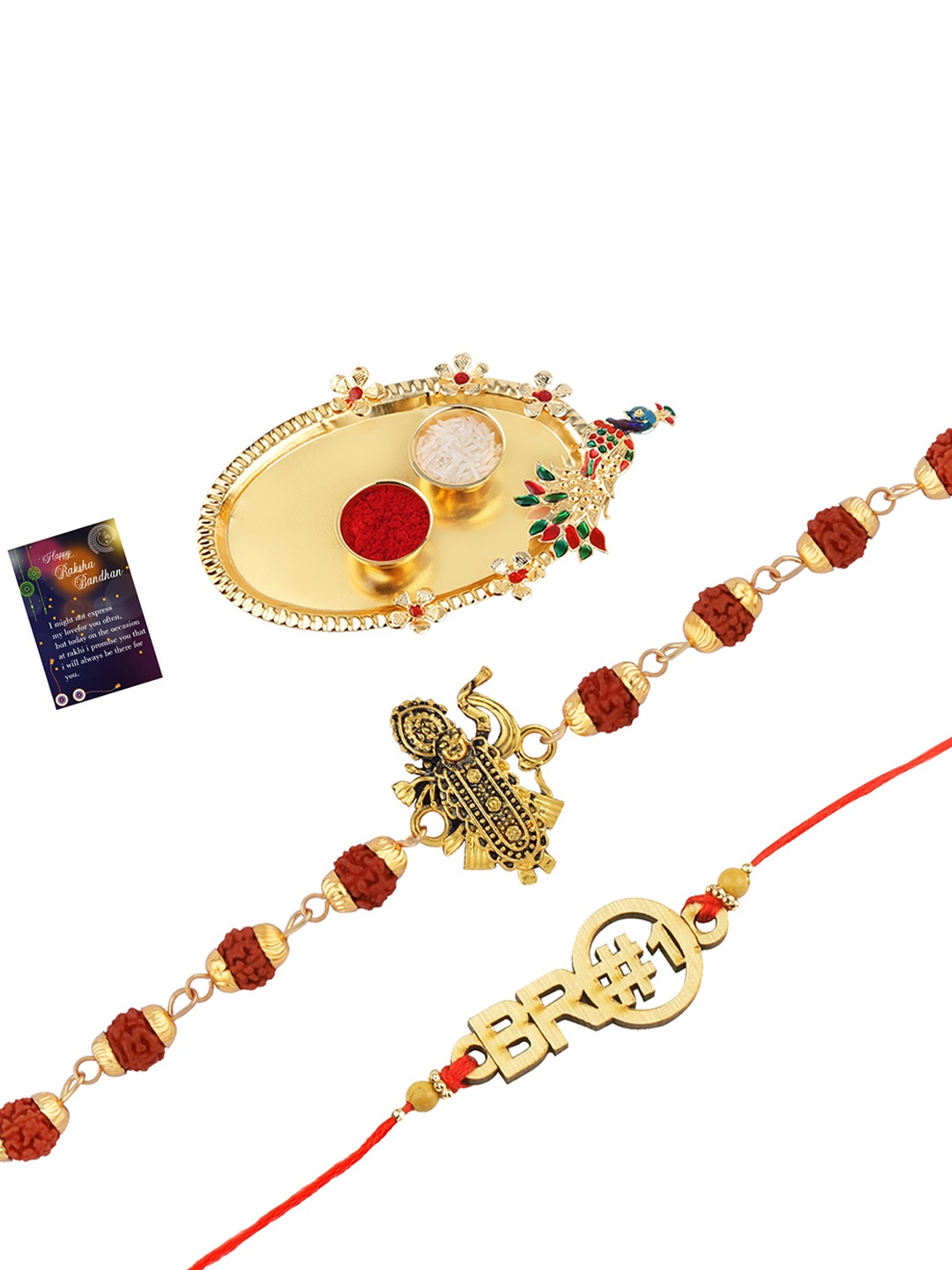 

Silver Shine Men Set Of 2 Rakhi With Pooja Thali Roli Chawal & Greeting Card, Red