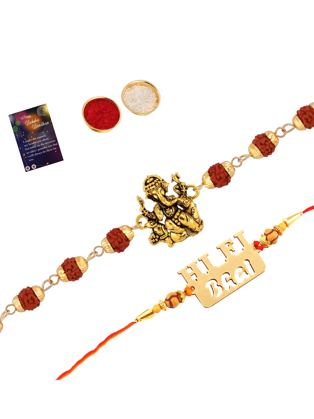 

Silver Shine Men Set Of 2 Beaded Rakhi With Roli Chawal And Greeting Card, Red