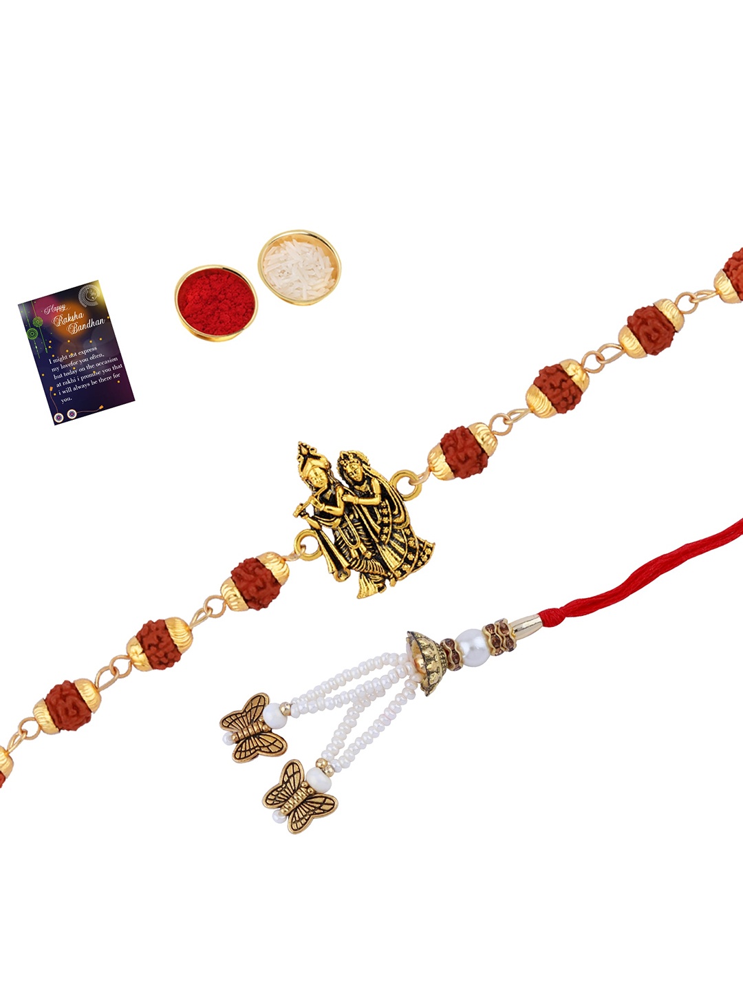 

Silver Shine Unisex Set Of 2 Rakhi With Roli Chawal and Greeting Card, Gold