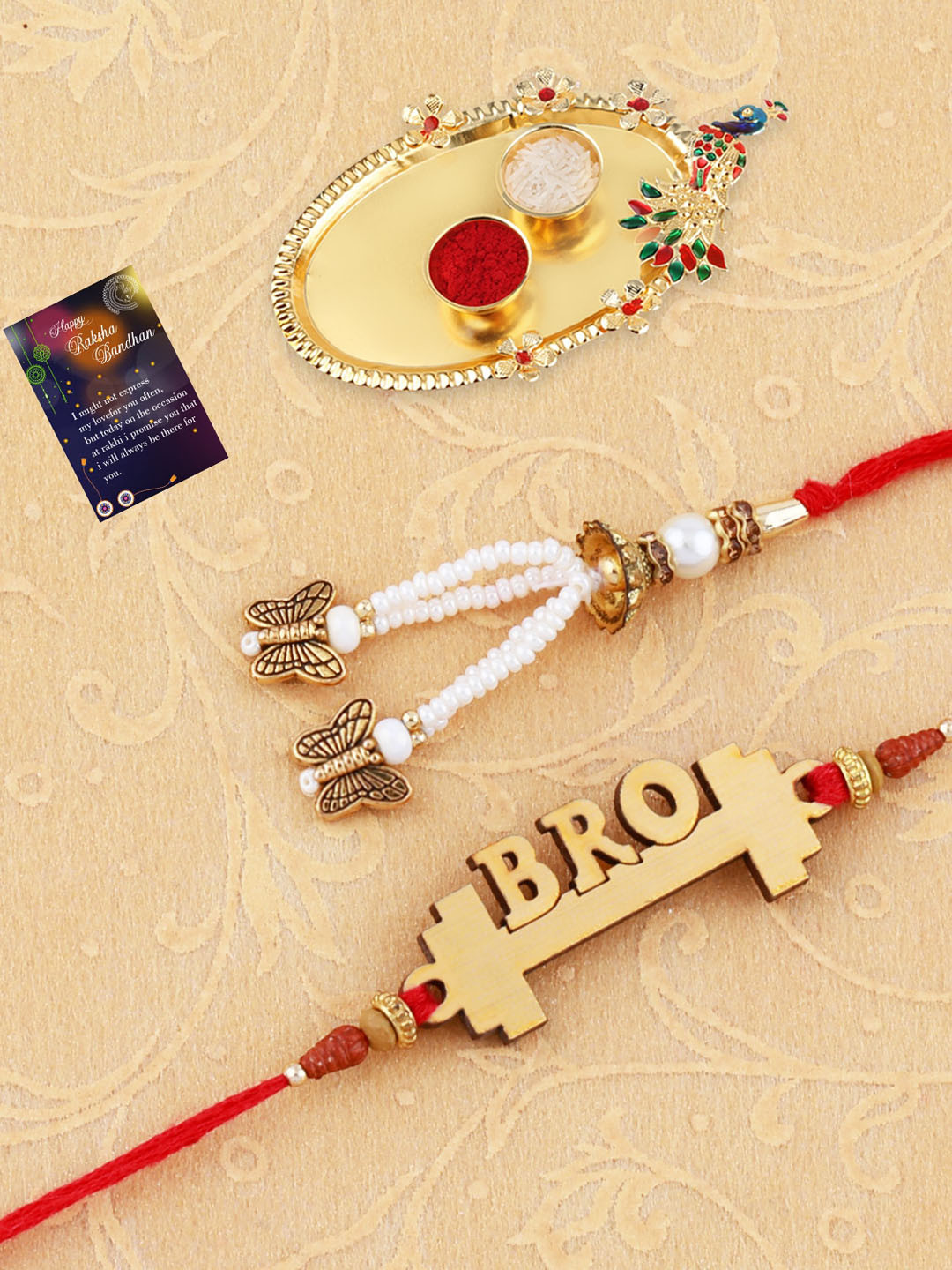 

Silver Shine Red & Golden Rakhi With Roli Chawal Greeting Card Kankawati Pooja Thali