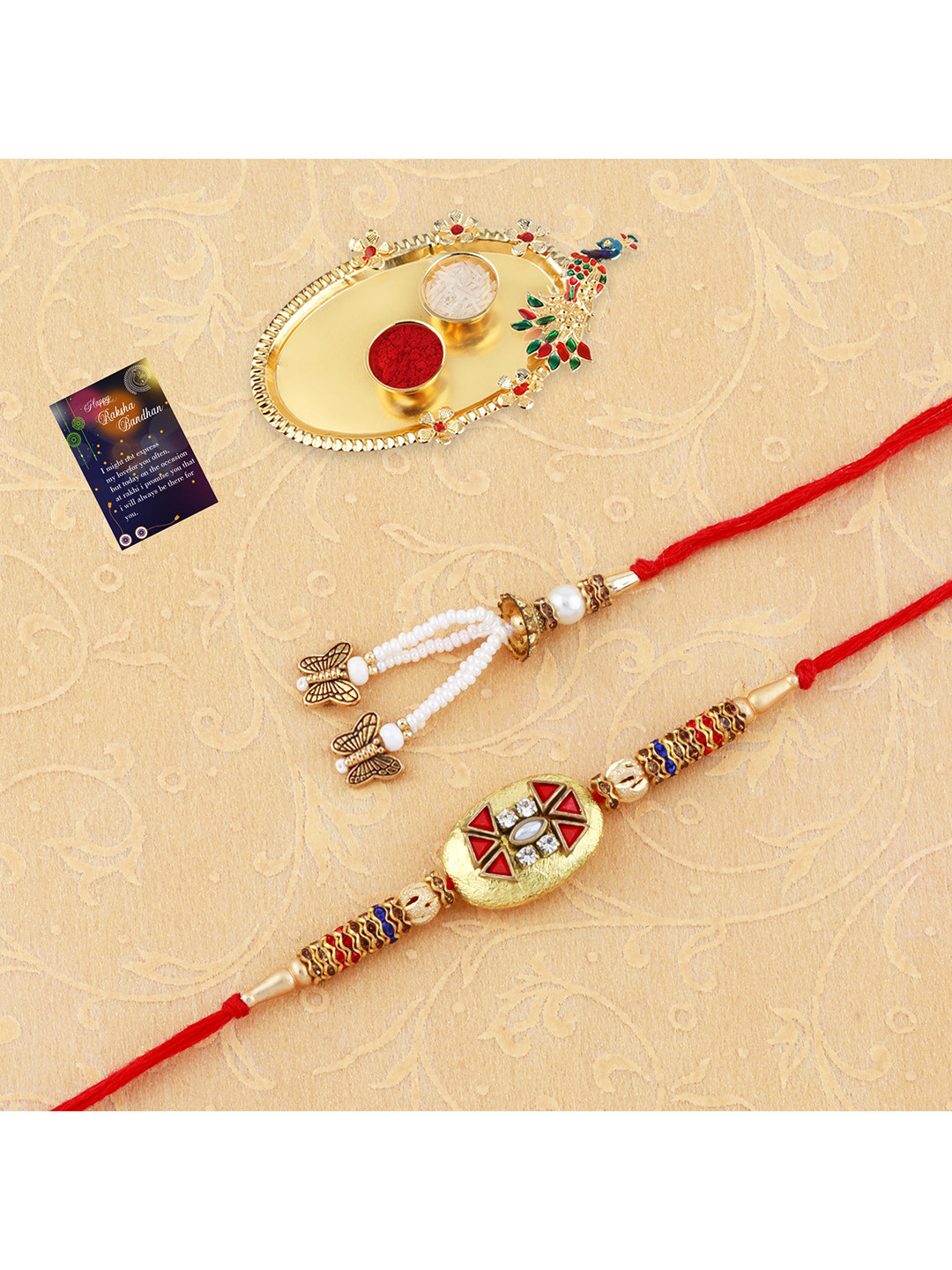 

Silver Shine 1 Rakhi 1 Bhaiya Rakhi With Pooja Thali Roli Chawal and Greeting Card, Multi