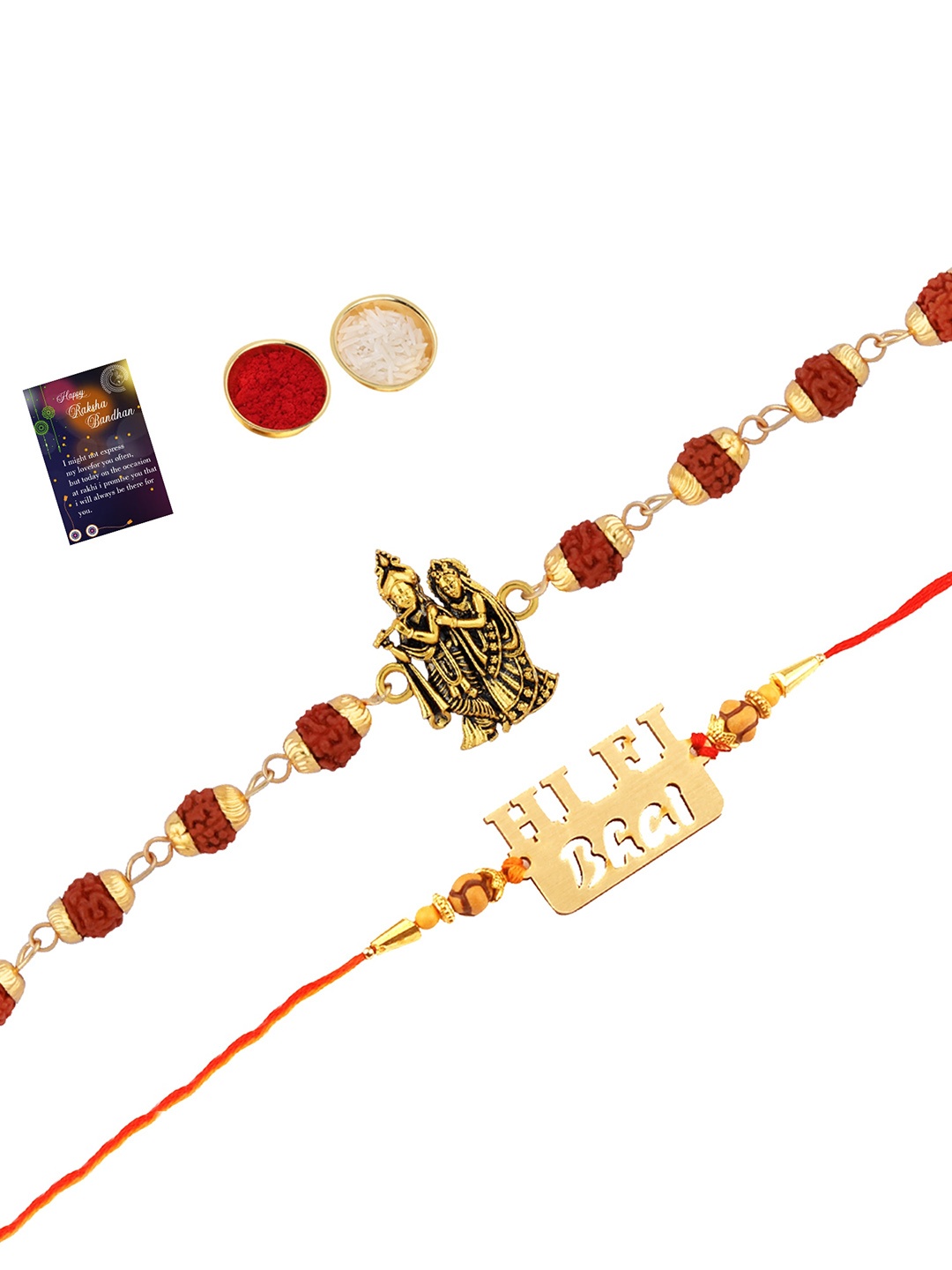 

Silver Shine Men Set of 2 Rakhi With Roli Chawal And Greeting Card, Gold