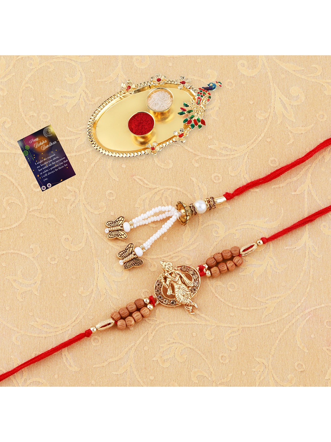 

Silver Shine Set Of 2 Red & Gold-Coloured Stone-Studded Rakhi