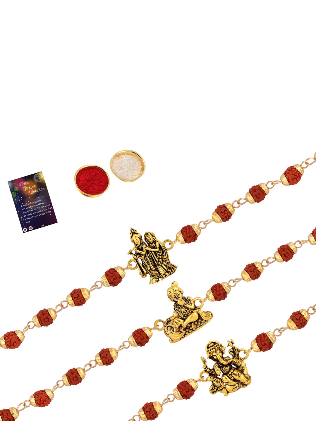 

Silver Shine Men Set of 3 Rakhi With Roli Chawal And Greeting Card, Gold