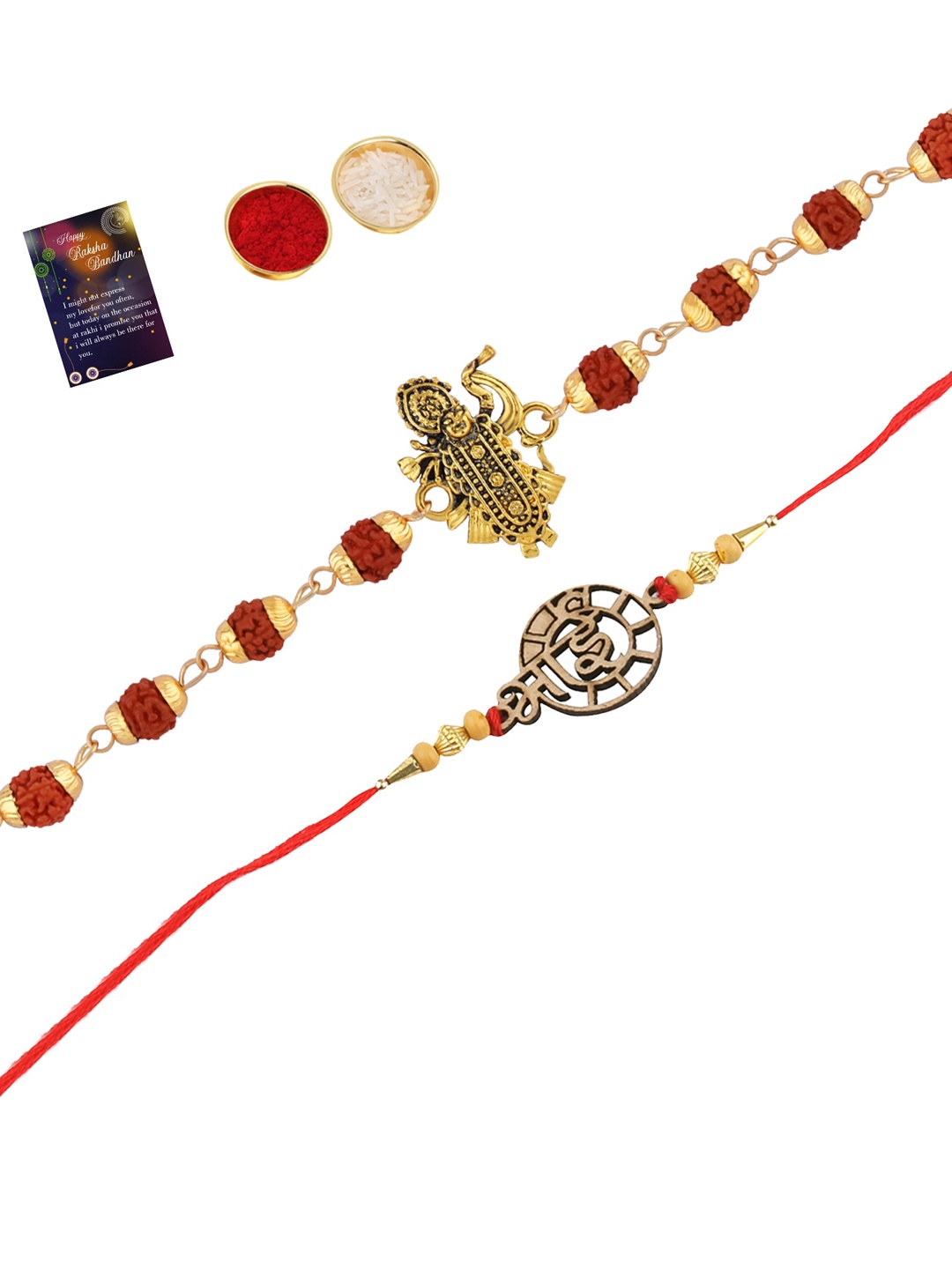

Silver Shine Men Set of 2 Rakhi With Roli Chawal And Greeting Card, Gold