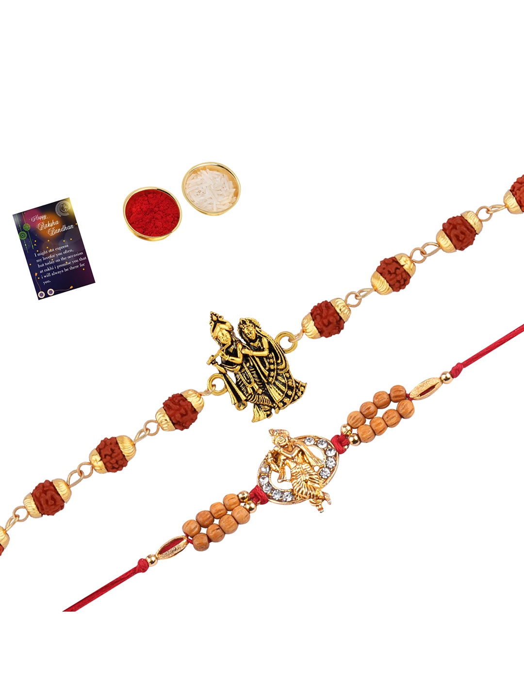 

Silver Shine Men Set of 2 Rakhi With Roli Chawal And Greeting Card, Gold