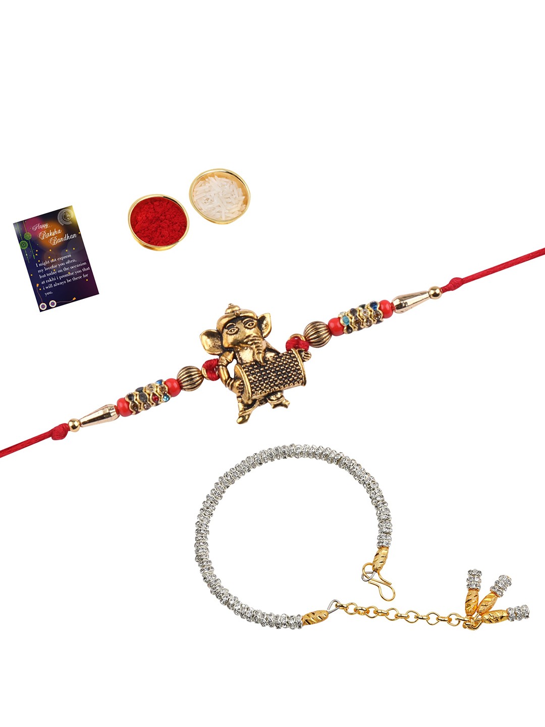 

Silver Shine Unisex Set Of 2 Beaded Rakhi Gift Set, Gold