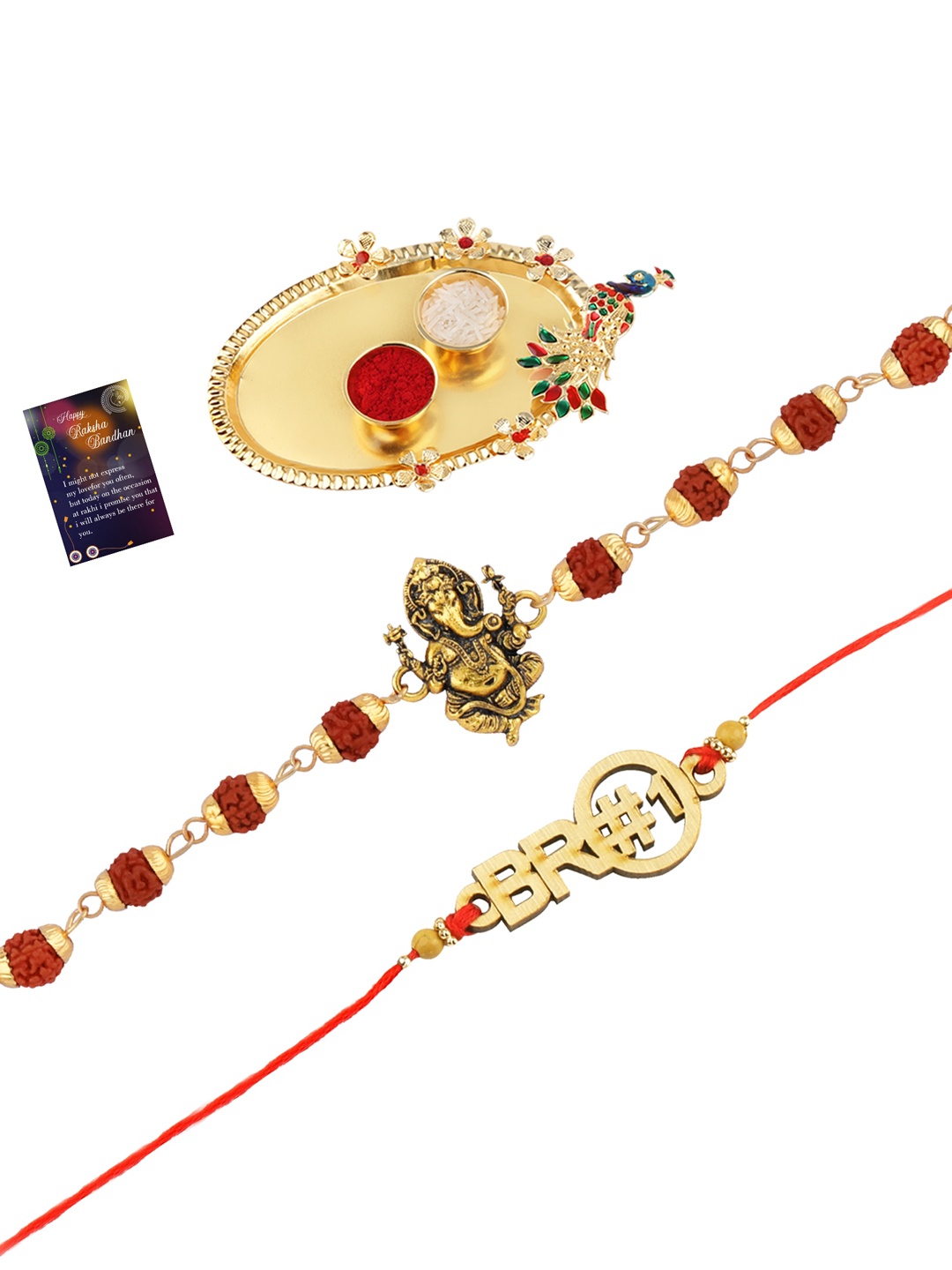 

Silver Shine 2 Rakhi With Pooja Thali Roli Chawal And Greeting Card, Multi