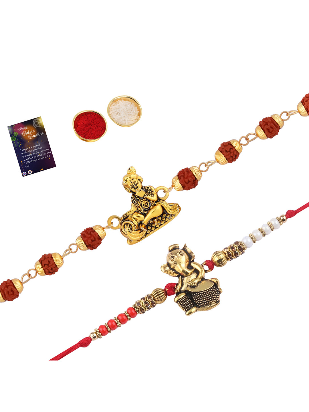

Silver Shine Men Set of 2 Rakhi With Roli Chawal And Greeting Card, Gold