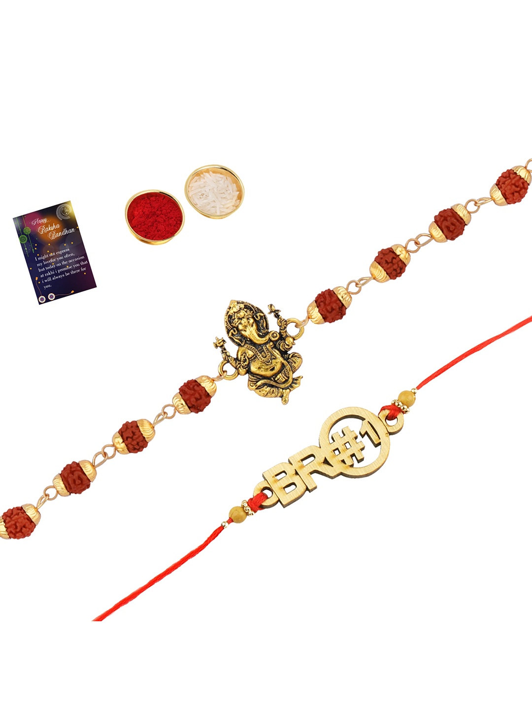 

Silver Shine Men Set of 2 Rakhi With Roli Chawal And Greeting Card, Gold