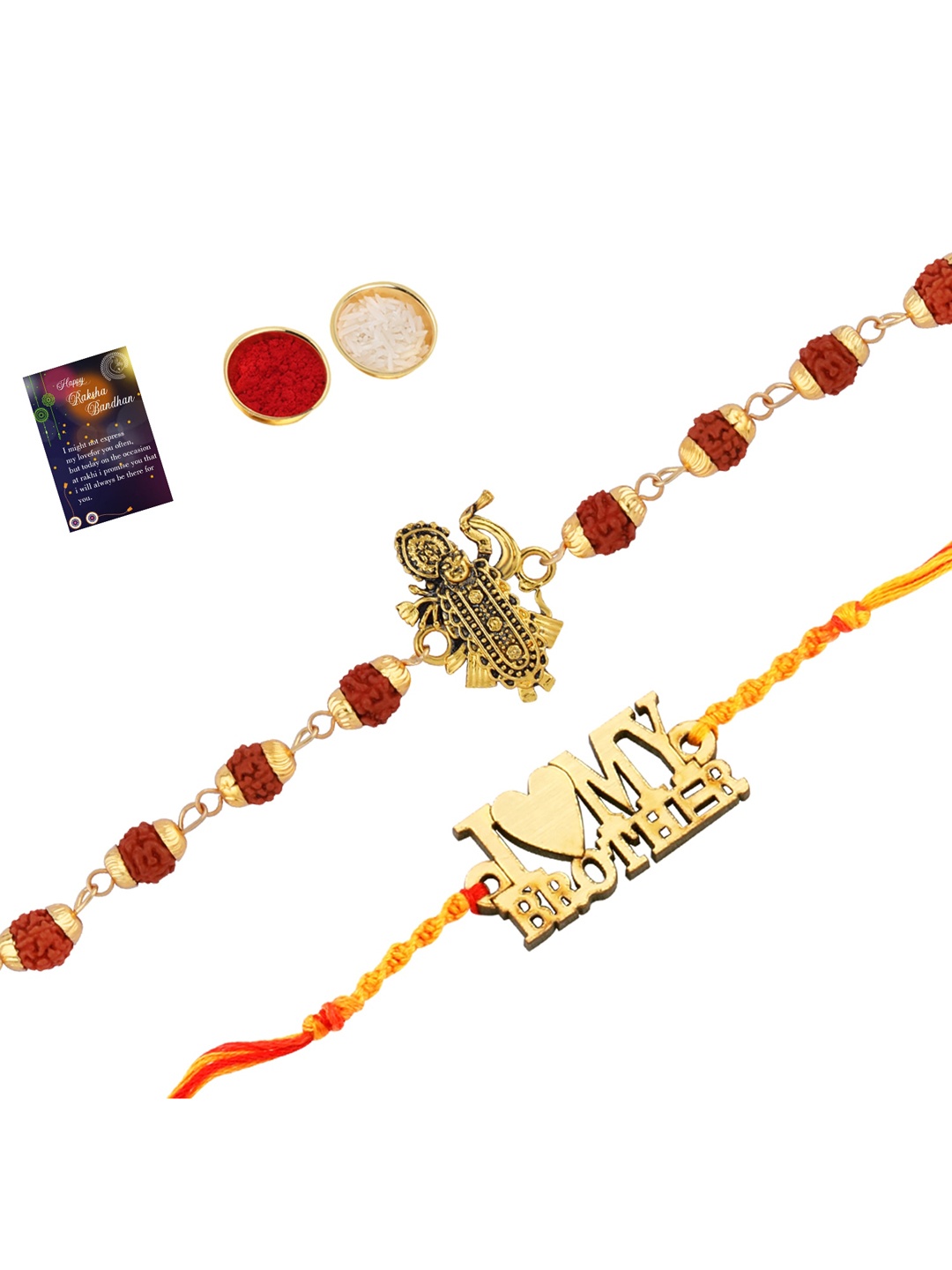 

Silver Shine Men Set of 2 Rakhi With Roli Chawal And Greeting Card, Gold