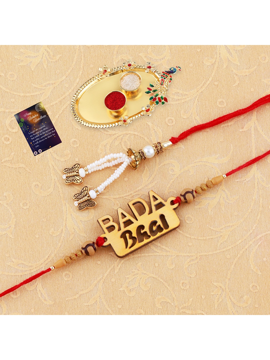 

Silver Shine Unisex Set Of 2 Rakhi Gift Set With Pooja Thali Roli Chawal And Greeting Card, Gold