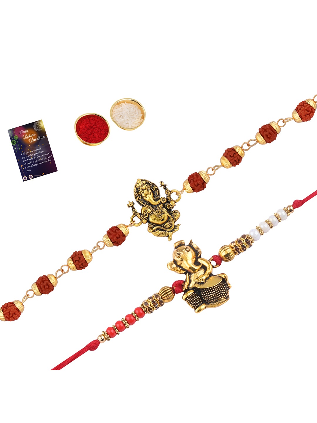 

Silver Shine Set Of 2 Rakhi With Roli Chawal & Greeting Card, Red