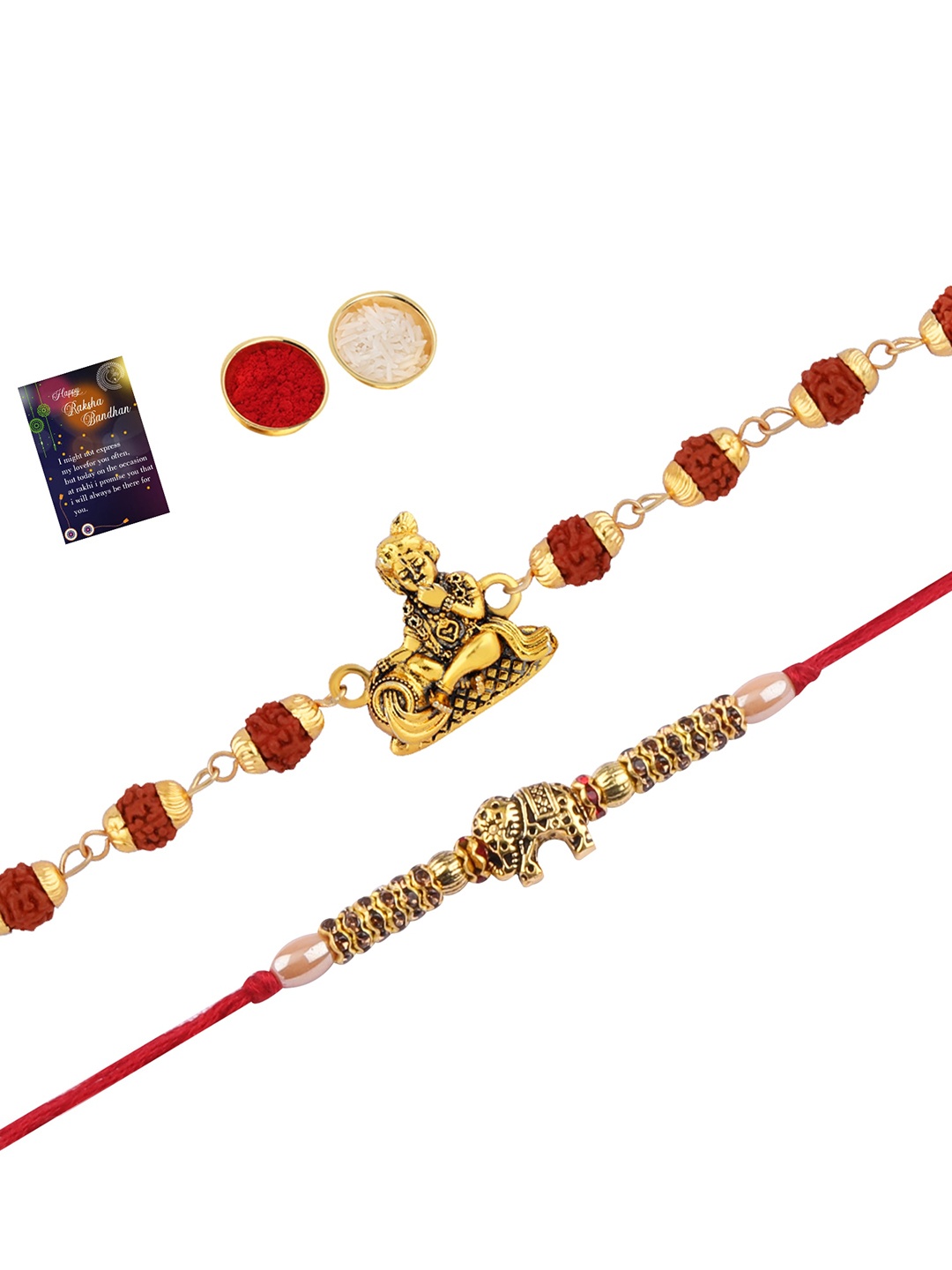 

Silver Shine Set Of 2 Rakhi with Roli Chawal Greeting Card, Multi