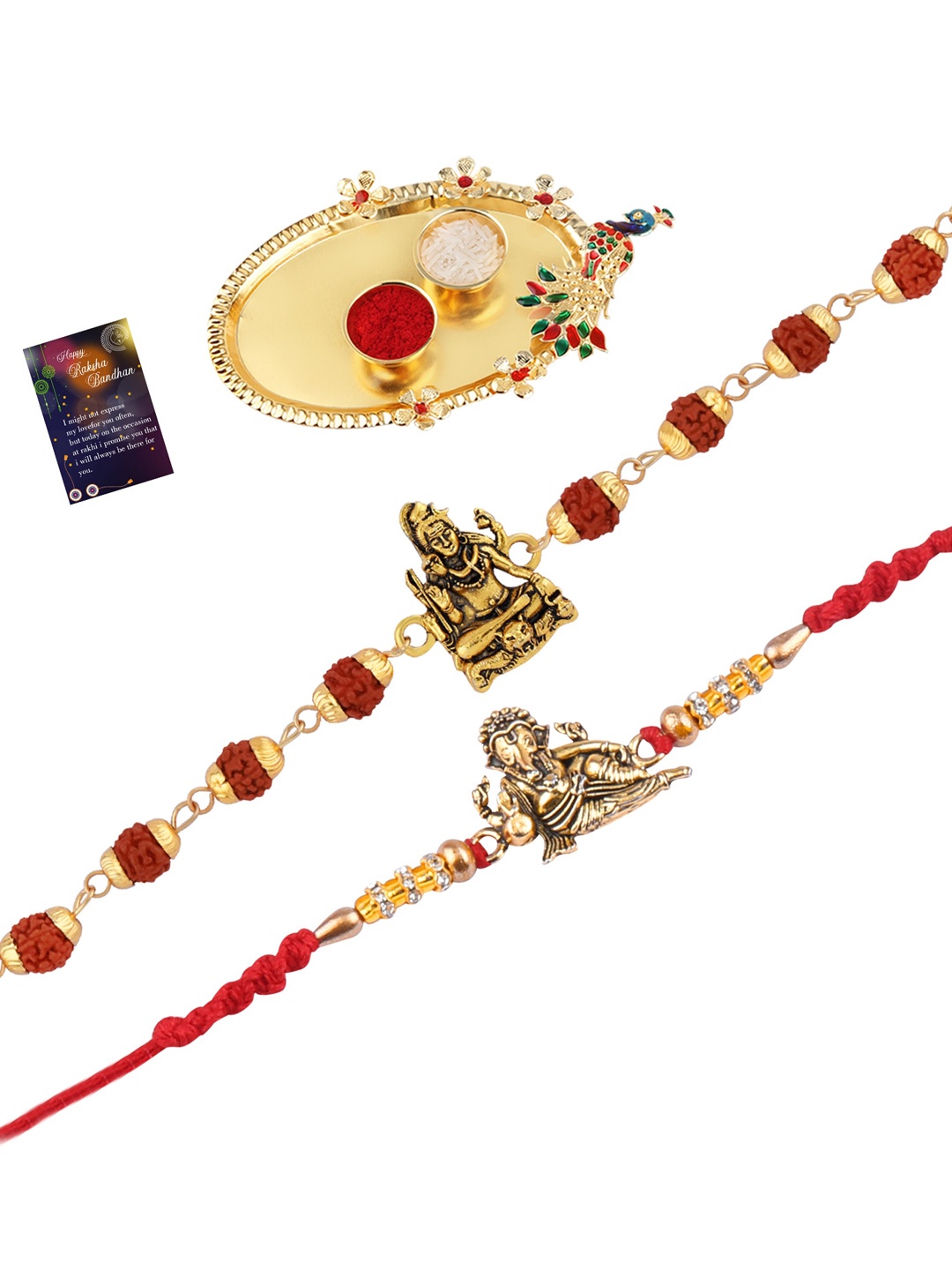 

Silver Shine Set Of 2 Rakhi With Pooja Thali Roli Chawal & Greeting Card, Red