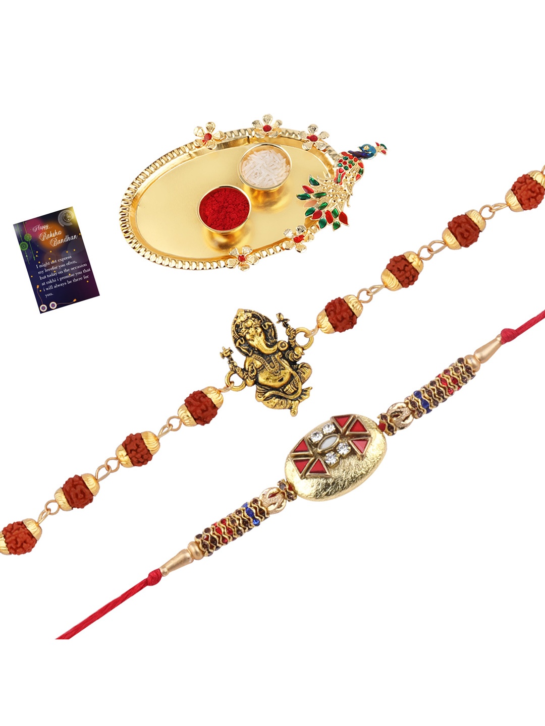 

Silver Shine 2 Rakhi with Pooja Thali Roli Chawal Greeting Card, Gold