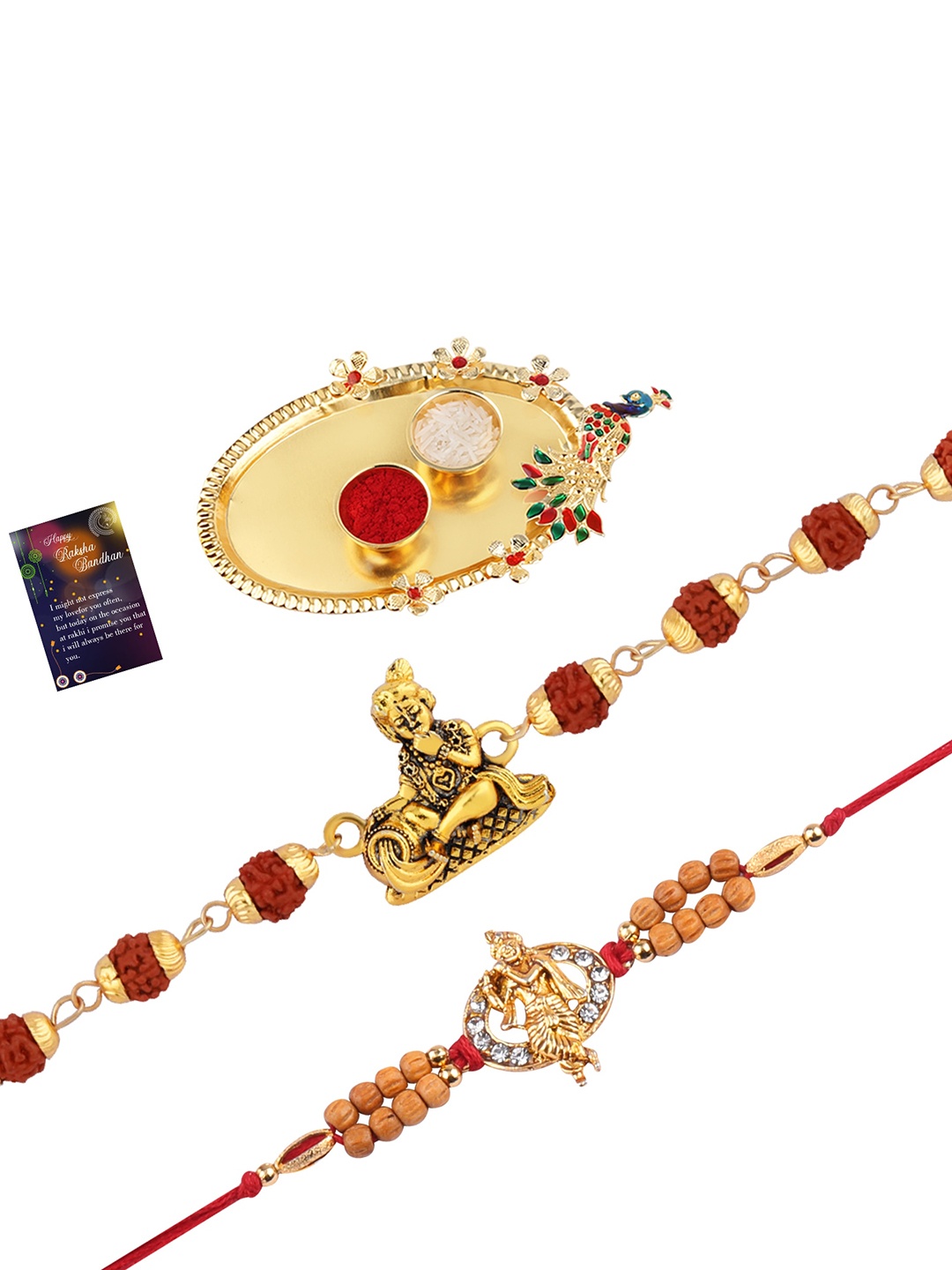 

Silver Shine Set Of 2 Rakhi With Pooja Thali Roli Chawal & Greeting Card, Gold