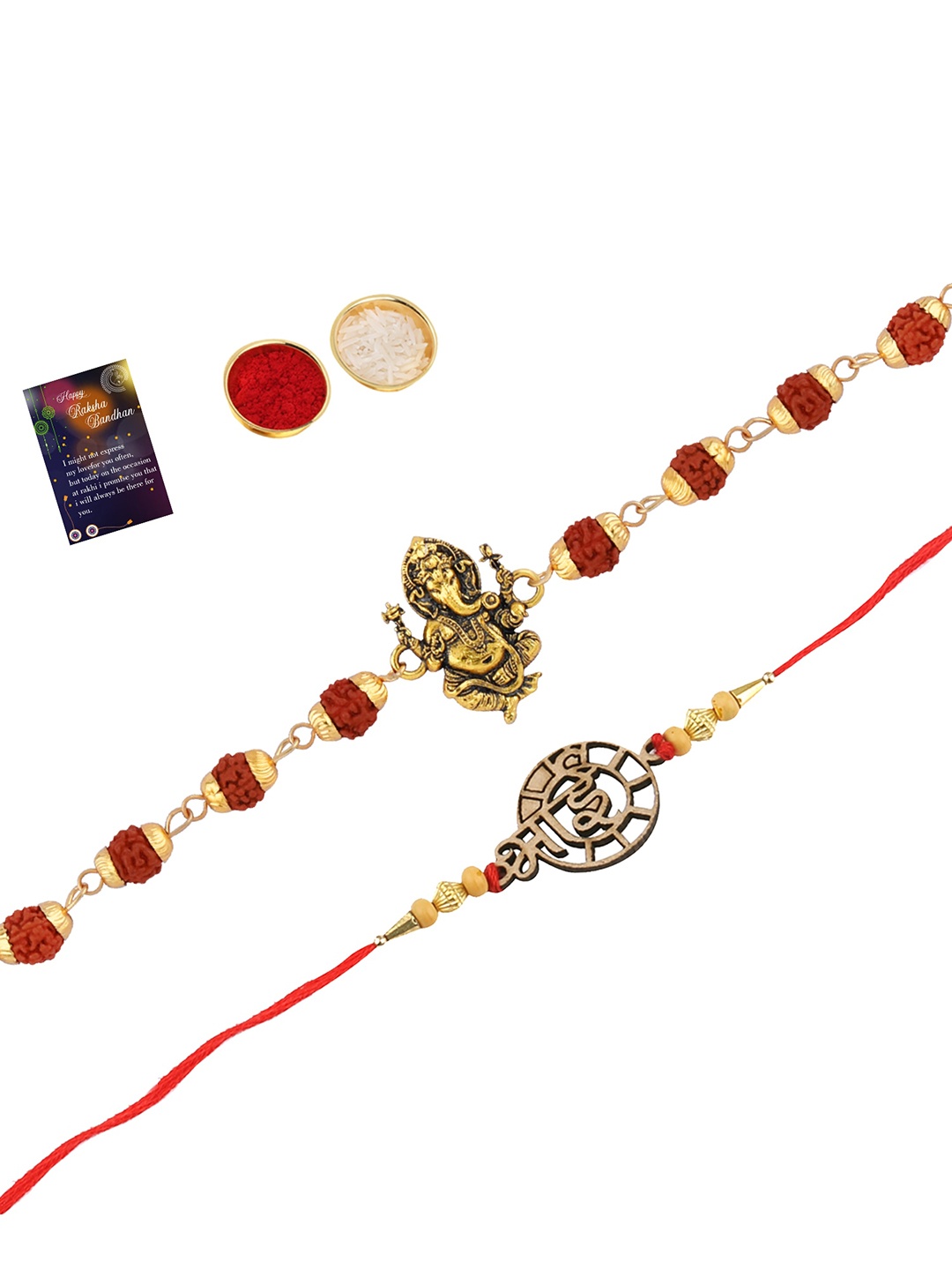 

Silver Shine Set Of 2 Rakhi With Roli Chawal & Greeting Card, Multi