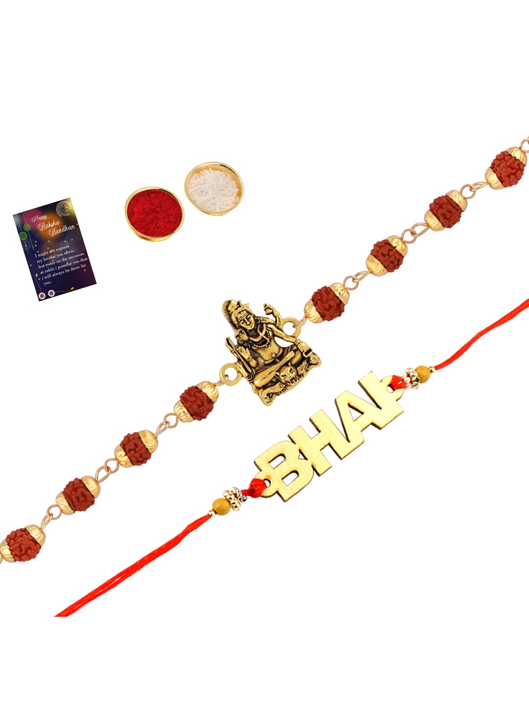 

Silver Shine Set Of 2 Rakhi With Roli Chawal & Greeting Card, Red