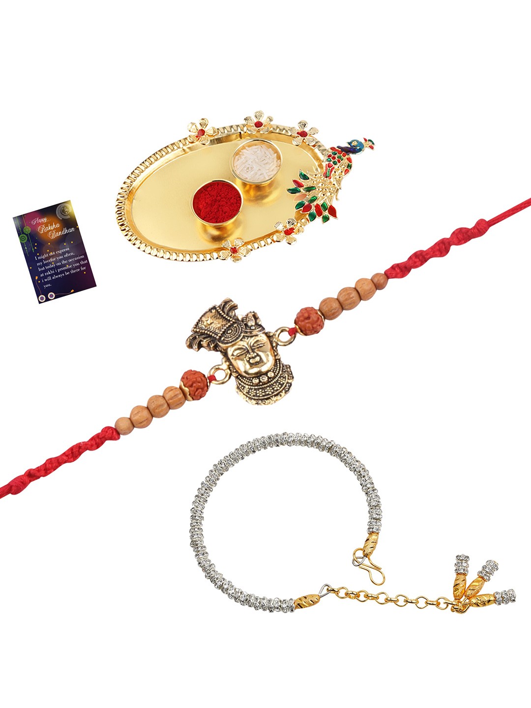 

Silver Shine 2 Bhaiya Bhabhi Rakhi with Pooja Thali Roli Chawal Greeting Card, Gold
