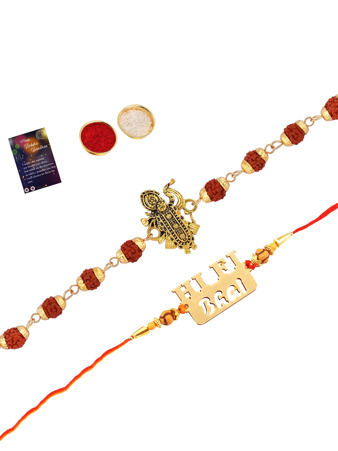 

Silver Shine Set Of 2 Rakhi With Pooja Thali Roli Chawal Greeting Card, Gold