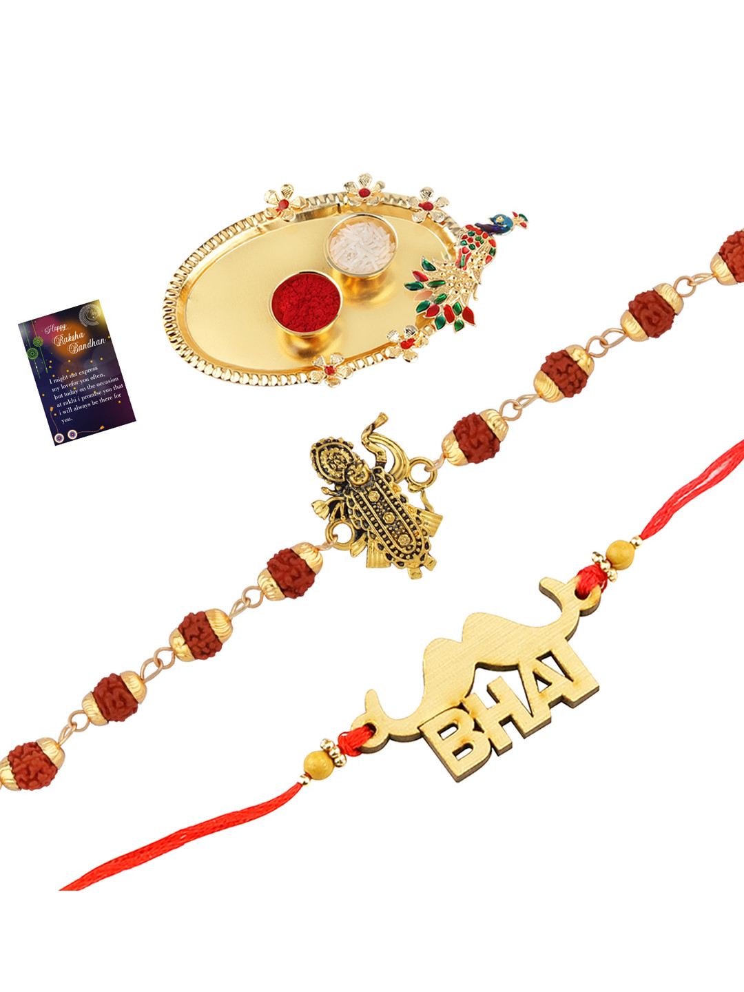 

Silver Shine Set Of 2 Rakhi With Pooja Thali Roli Chawal & Greeting Card, Multi