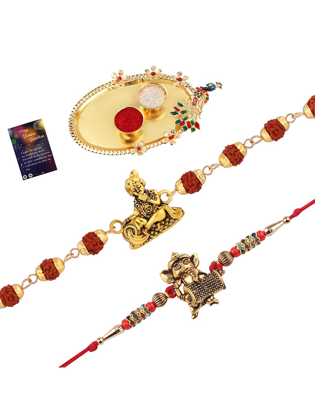 

Silver Shine Pack Of 2 Rakhi with Pooja Thali Roli Chawal & Greeting Card, Red